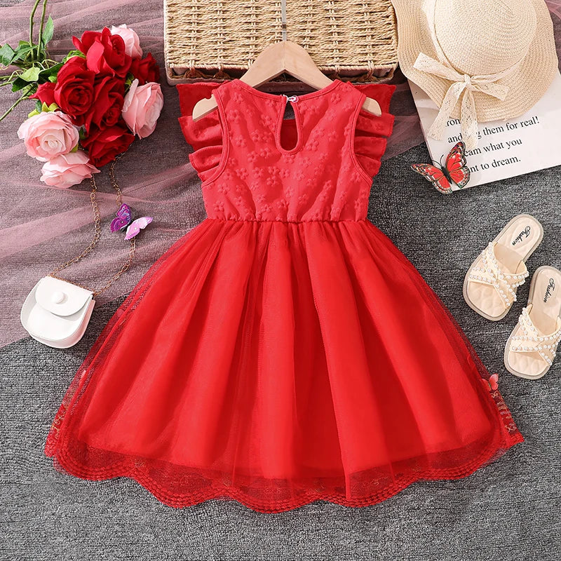 Kids Princess Dress For Girls O-Neck Wing-Sleeve Bowknot Floral Print Embroidery 4-7 Years Summer Sweet Birthday Party Clothing