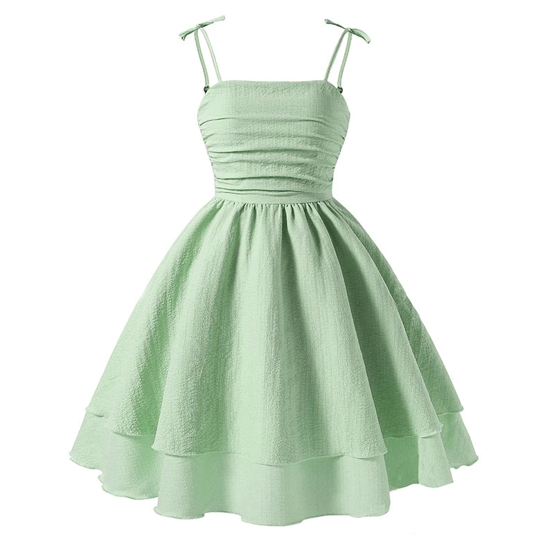 Kids Set Solid Pink Tiered Sling Princess Dress Sweet Style Tween Girls Dress Birthday Party Dating Clothes