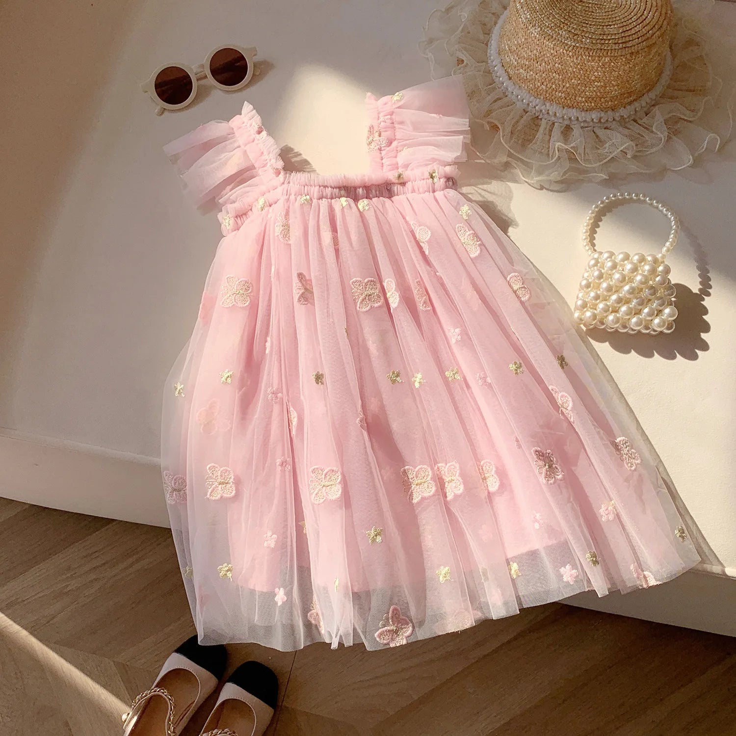 1-7T Toddler Kid Baby Girl Clothes Off Shoulder Heart Print Girls Dress Elegant Summer Sundress Beach Princess Dress Outfit