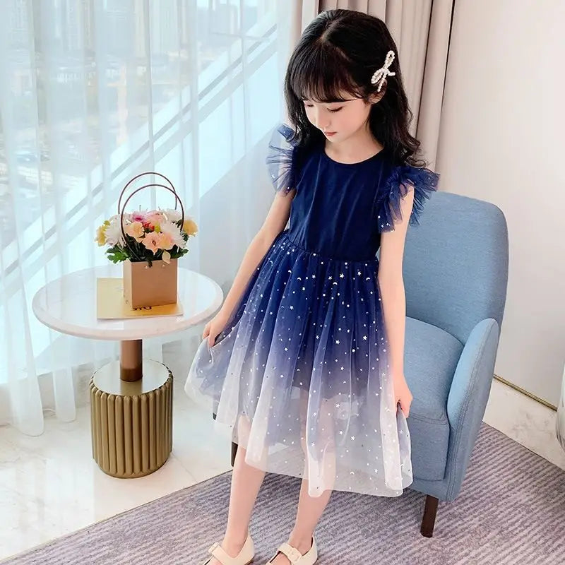 Summer Sleeveless Fashion Gauze Dress Girls Starry Sky Gradient Princess Dress New Years Children's Birthday Party Present