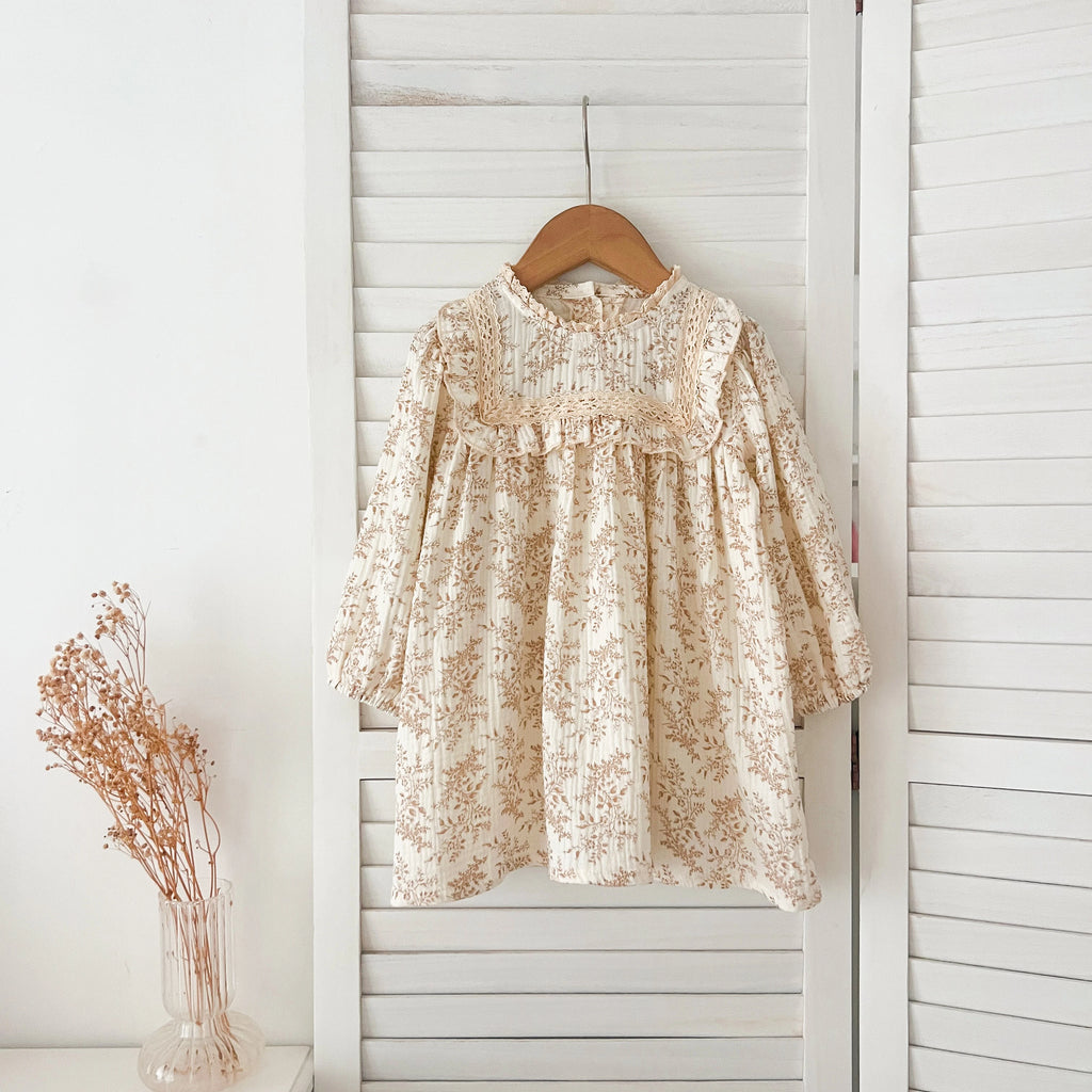 1-6Yrs Girls' Dress Floral Print Lace Girls' Cotton Dress 2025 Autumn New Flower Long Sleeved Sweet Children's Princess Dress