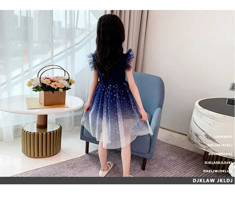 Summer Sleeveless Fashion Gauze Dress Girls Starry Sky Gradient Princess Dress New Years Children's Birthday Party Present