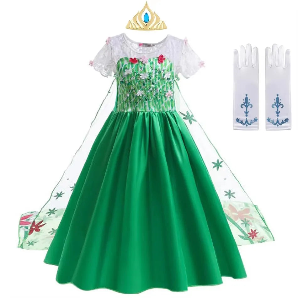 Elsa Costume for Girls Green Fancy Birthday Party Gown Kids Cosplay Princess Dress Carnival Party Children Dresses