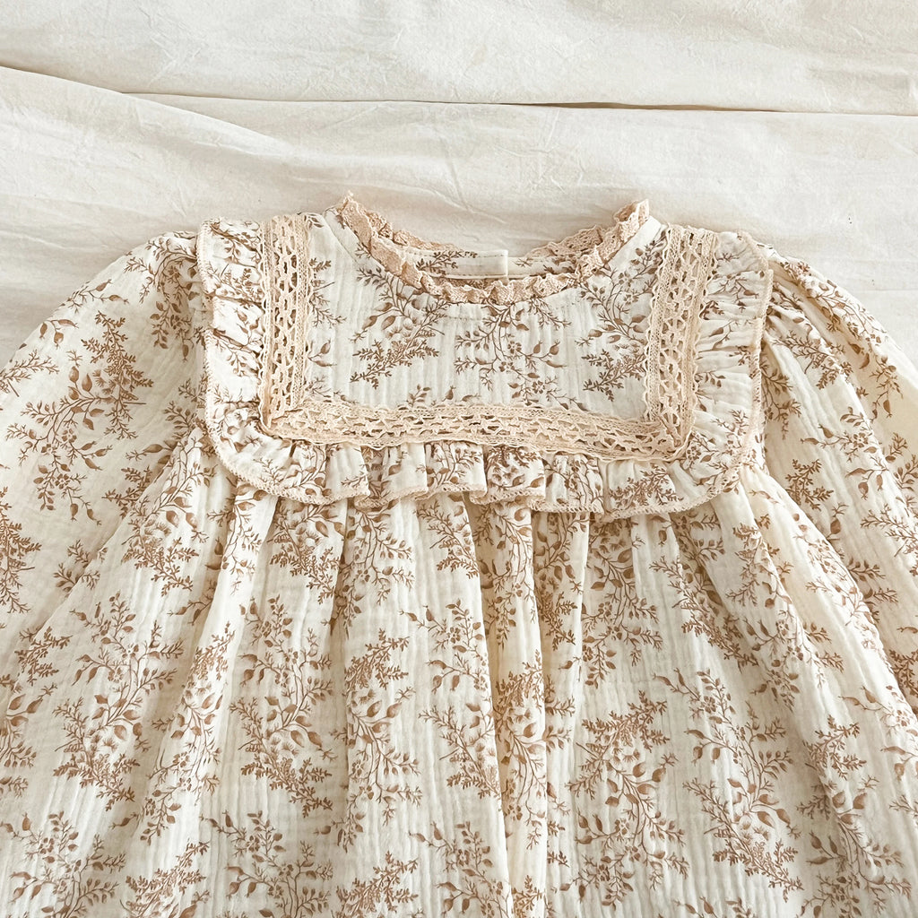 1-6Yrs Girls' Dress Floral Print Lace Girls' Cotton Dress 2025 Autumn New Flower Long Sleeved Sweet Children's Princess Dress