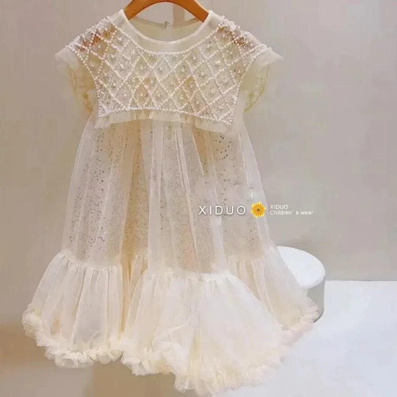 New 2024 Girls Princess Dress Casual Spring Summer Children's Wear Korean Pearl Neck Princess Dress Fashion Yarn Dress