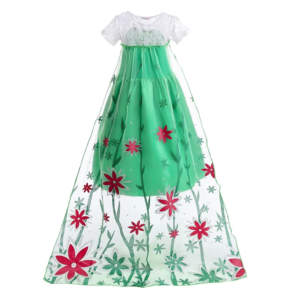 Elsa Costume for Girls Green Fancy Birthday Party Gown Kids Cosplay Princess Dress Carnival Party Children Dresses