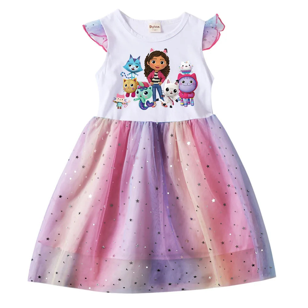 Kids Cats Princess Dress Summer Casual Girls Sequins Rainbow Mesh Dress Children Carnival Wedding Birthday Gifts Party Dress