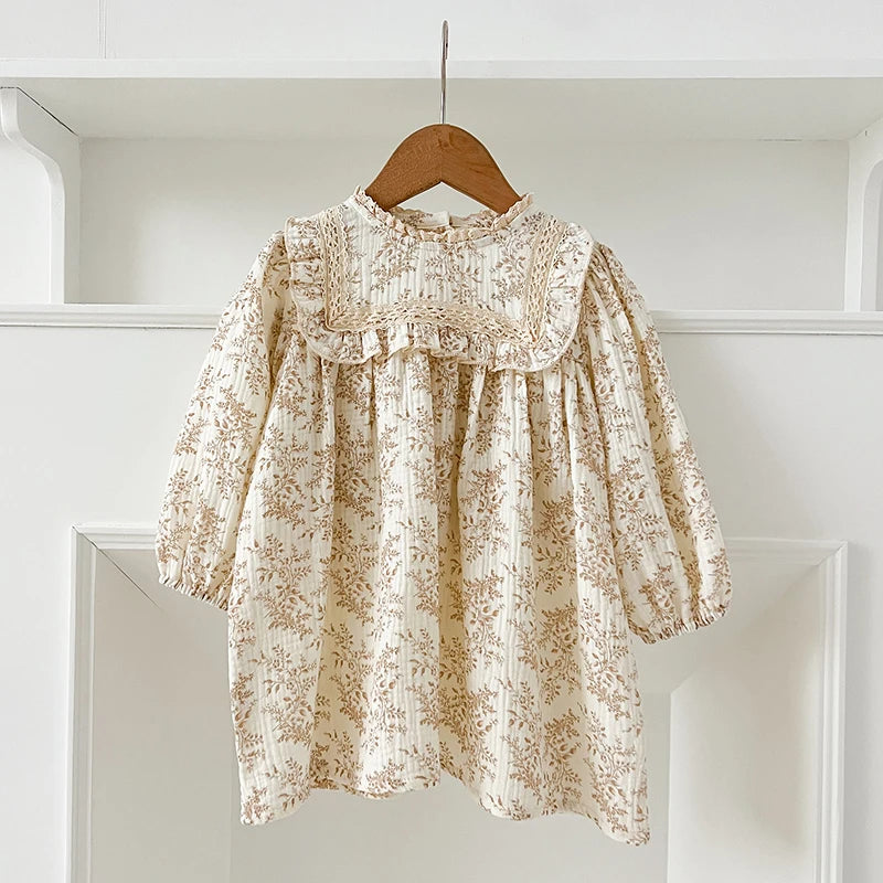 1-6Yrs Girls' Dress Floral Print Lace Girls' Cotton Dress 2025 Autumn New Flower Long Sleeved Sweet Children's Princess Dress