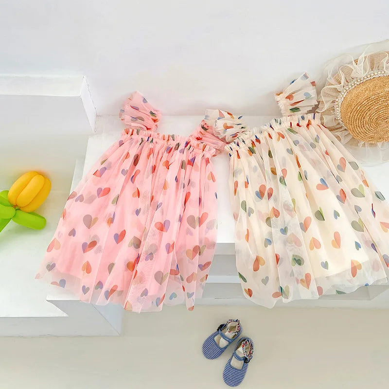 1-7T Toddler Kid Baby Girl Clothes Off Shoulder Heart Print Girls Dress Elegant Summer Sundress Beach Princess Dress Outfit