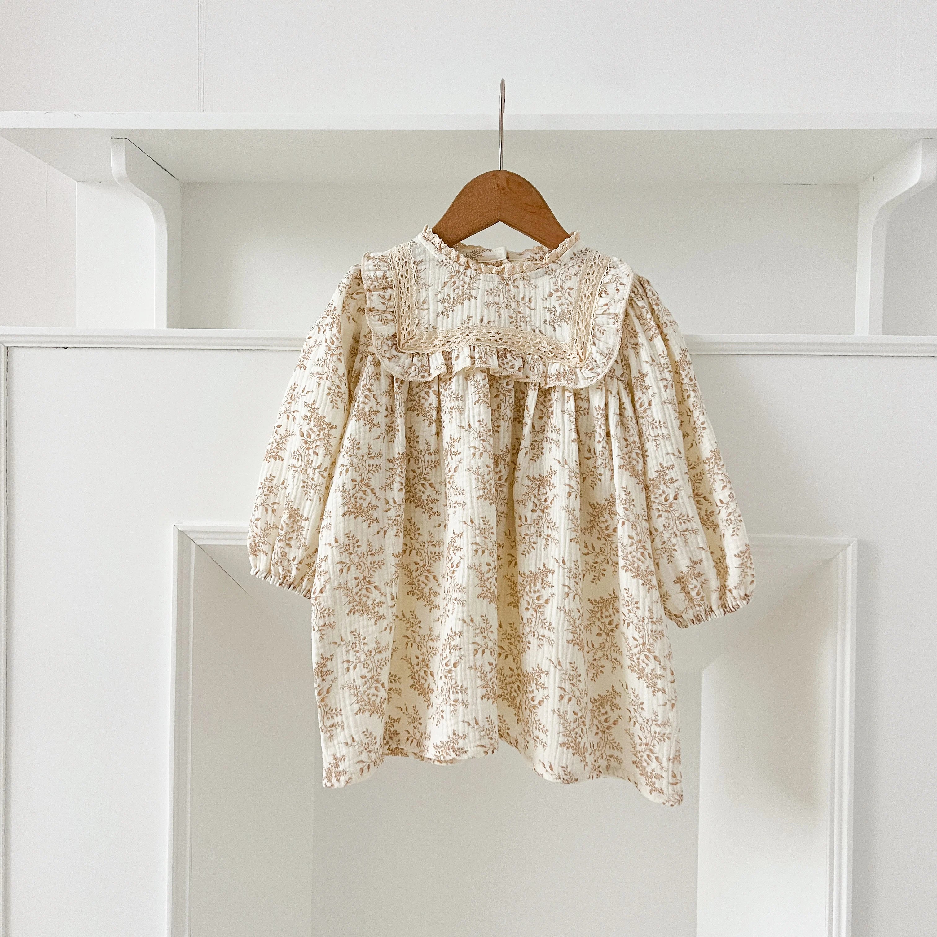 1-6Yrs Girls' Dress Floral Print Lace Girls' Cotton Dress 2025 Autumn New Flower Long Sleeved Sweet Children's Princess Dress