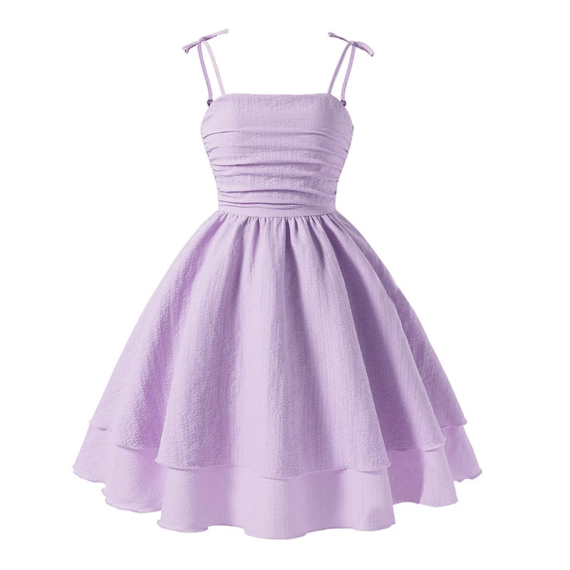 Kids Set Solid Pink Tiered Sling Princess Dress Sweet Style Tween Girls Dress Birthday Party Dating Clothes
