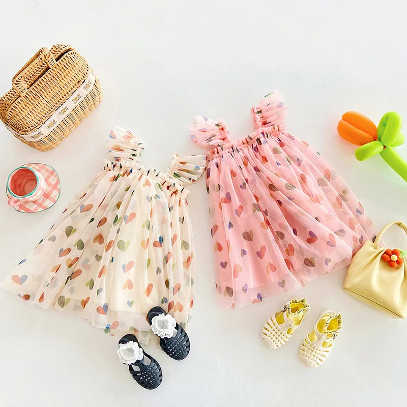 1-7T Toddler Kid Baby Girl Clothes Off Shoulder Heart Print Girls Dress Elegant Summer Sundress Beach Princess Dress Outfit