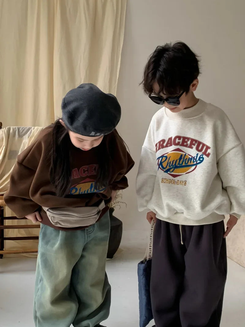 2025 Children Clothing Autumn Winter Baby Boys Girls Fleece Sweatshirt New Kids Letter Print O-Neck Tops Kids Warm Pullover