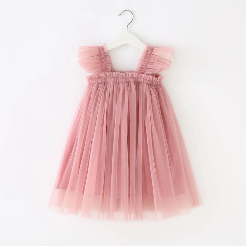 Summer Dress for Baby Girl Sling Sleeveless Square Collar Yellow Purple Pink Blue Green Mesh Princess Dress Child Clothing E2200