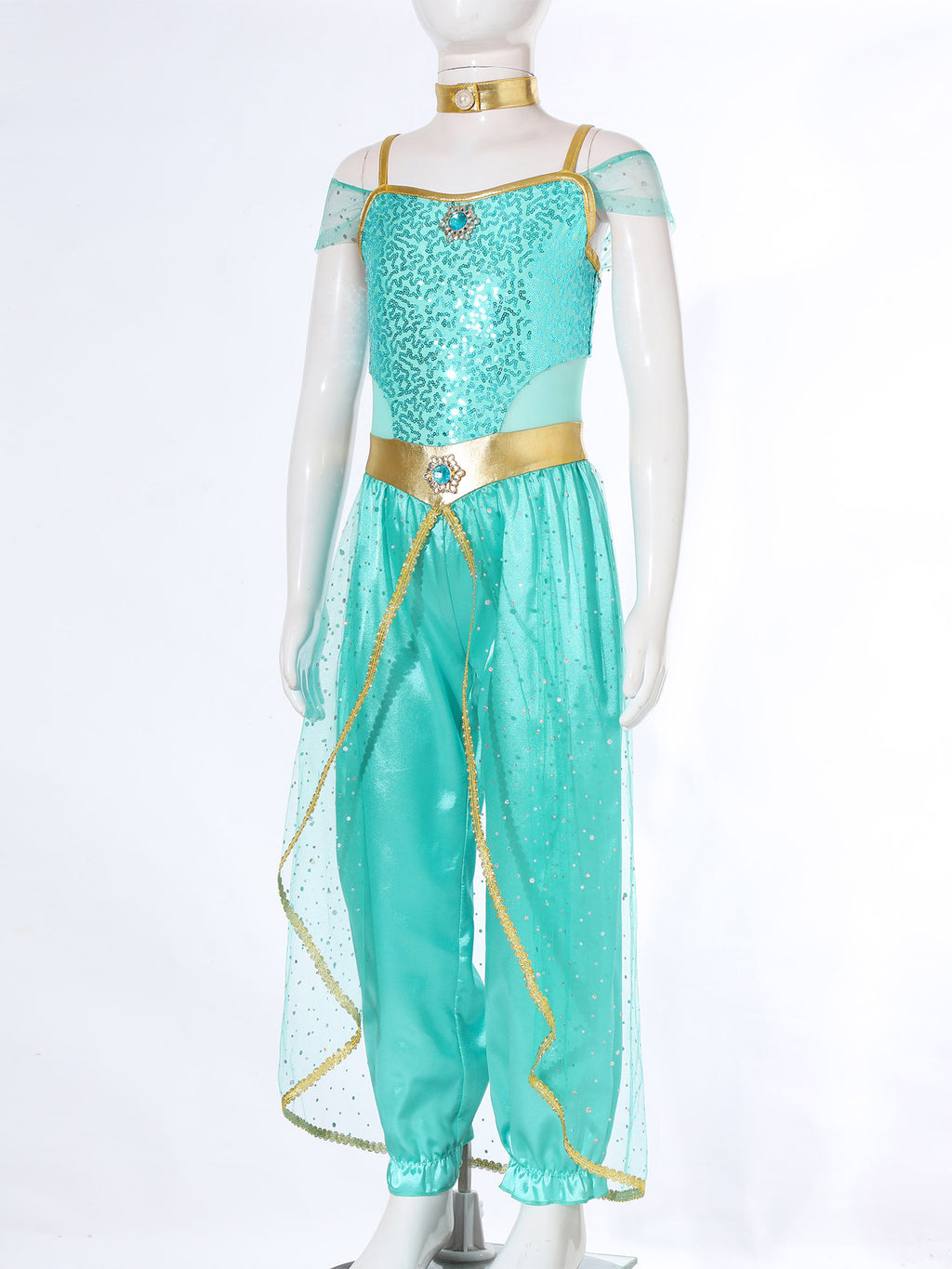 Shiny Sequin Gem Girls Halloween Jasmines Costume Kids Arabian Princess Cosplay Fancy Jumpsuit with Choker for Dance Performance