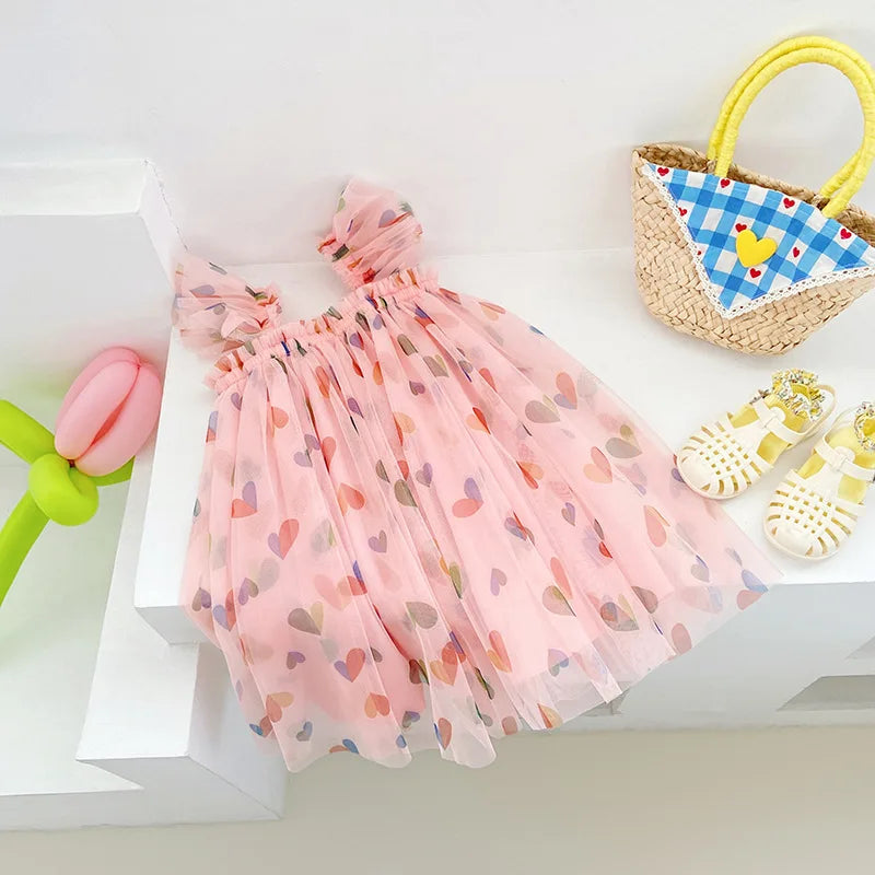 1-7T Toddler Kid Baby Girl Clothes Off Shoulder Heart Print Girls Dress Elegant Summer Sundress Beach Princess Dress Outfit