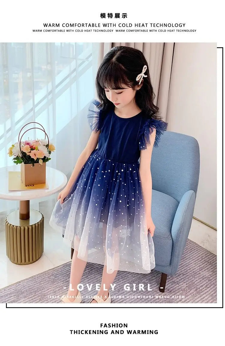 Summer Sleeveless Fashion Gauze Dress Girls Starry Sky Gradient Princess Dress New Years Children's Birthday Party Present