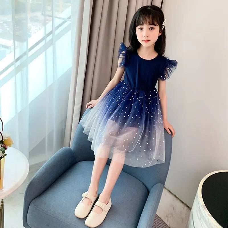 Summer Sleeveless Fashion Gauze Dress Girls Starry Sky Gradient Princess Dress New Years Children's Birthday Party Present