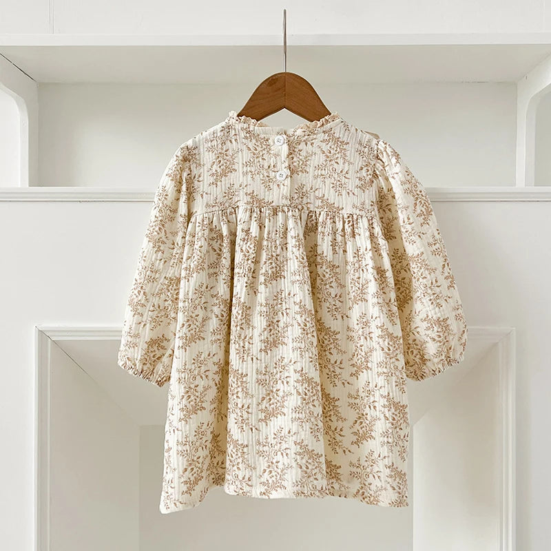 1-6Yrs Girls' Dress Floral Print Lace Girls' Cotton Dress 2025 Autumn New Flower Long Sleeved Sweet Children's Princess Dress
