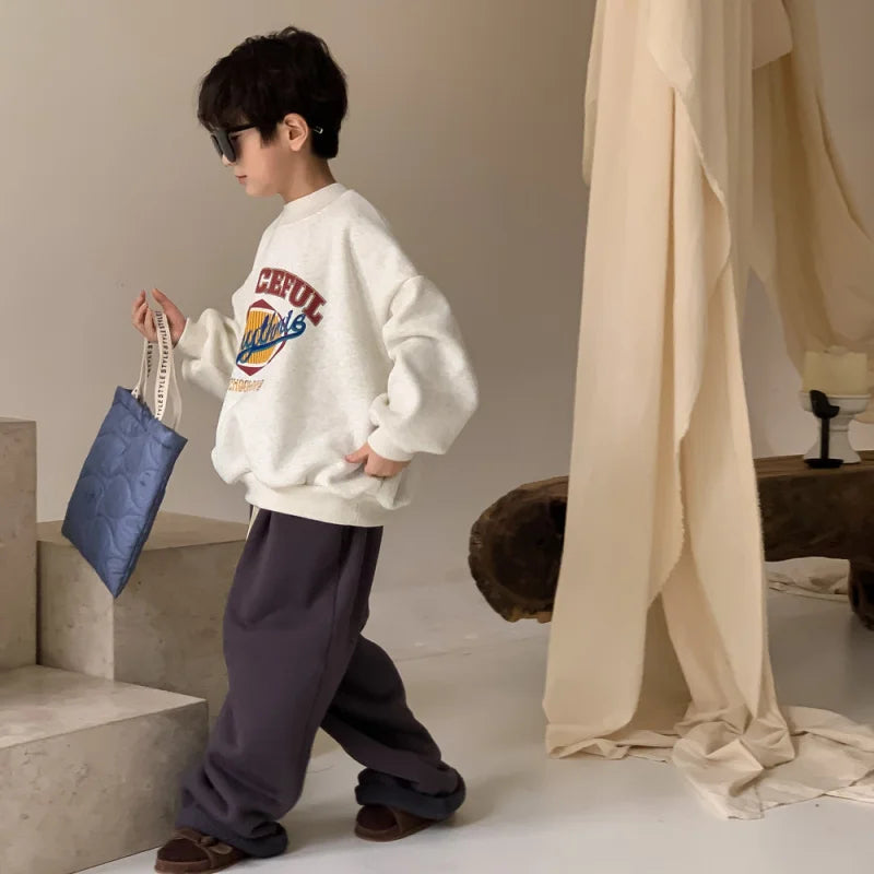 2025 Children Clothing Autumn Winter Baby Boys Girls Fleece Sweatshirt New Kids Letter Print O-Neck Tops Kids Warm Pullover