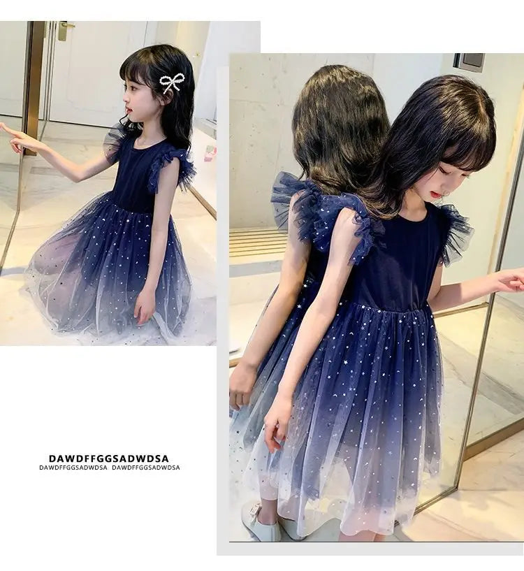 Summer Sleeveless Fashion Gauze Dress Girls Starry Sky Gradient Princess Dress New Years Children's Birthday Party Present