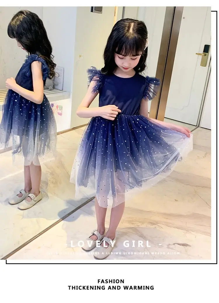 Summer Sleeveless Fashion Gauze Dress Girls Starry Sky Gradient Princess Dress New Years Children's Birthday Party Present