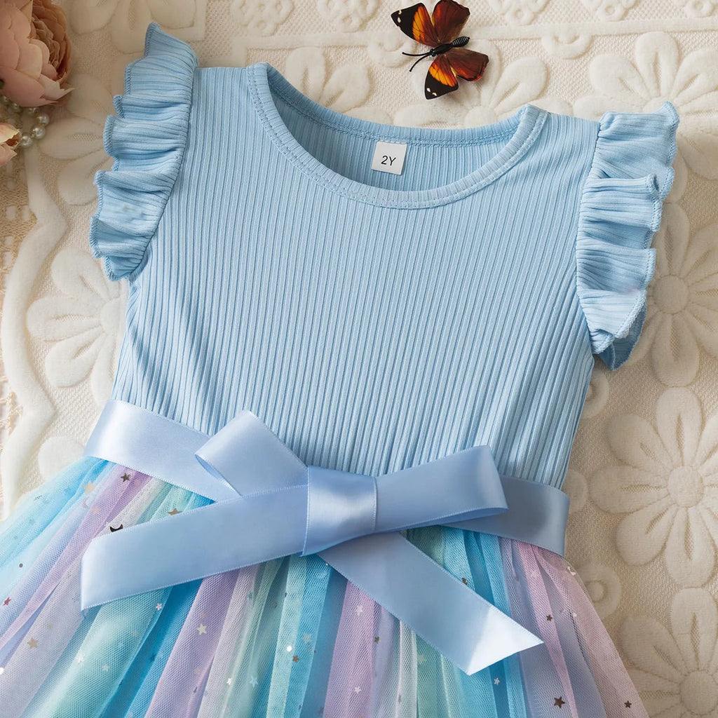 New Girls Dress for Sequins Birthday 1-5Y Toddler Girls Rainbow Tulle Dress Sweet Kids Princess Dress for Girls 2025 Summer Wear