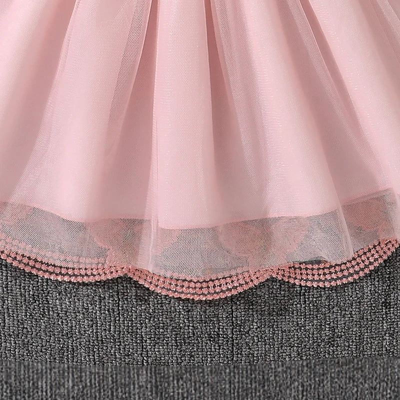 Kids Princess Dress For Girls O-Neck Wing-Sleeve Bowknot Floral Print Embroidery 4-7 Years Summer Sweet Birthday Party Clothing