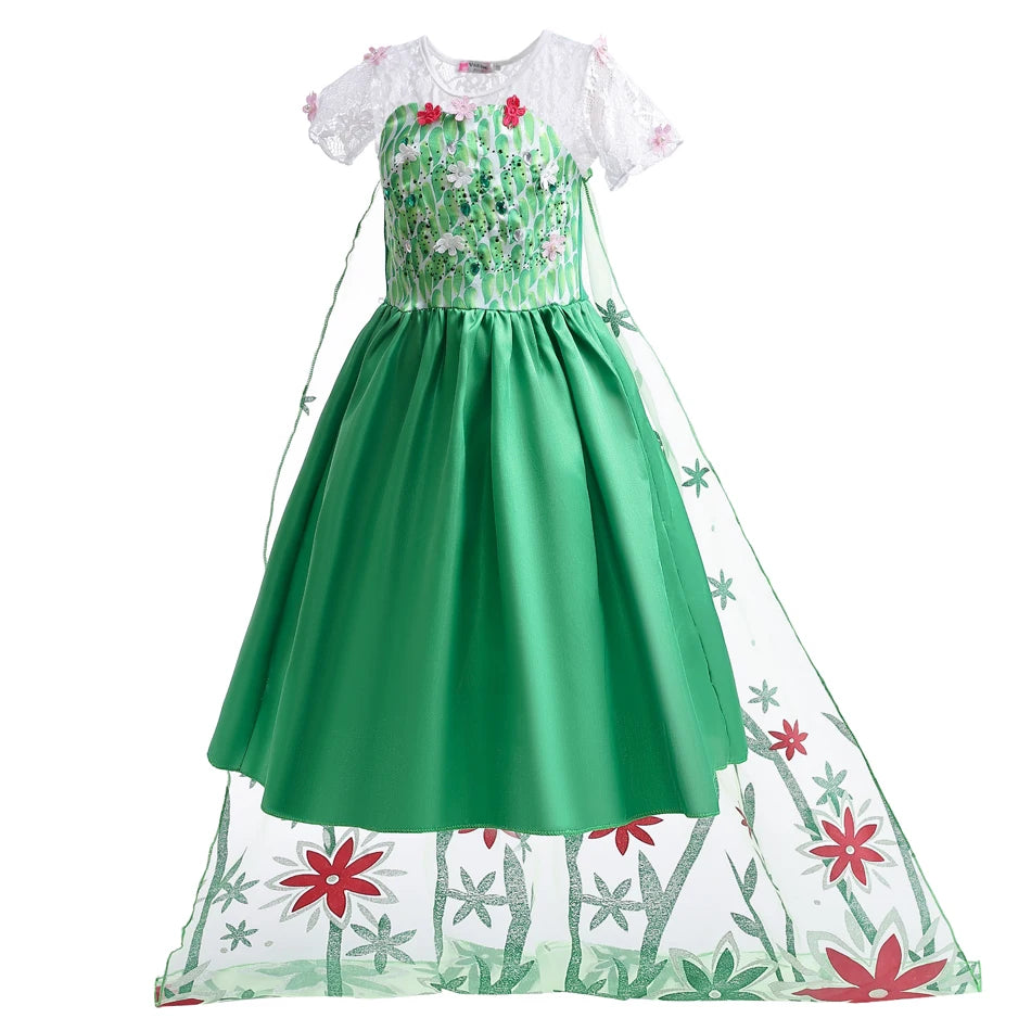 Elsa Costume for Girls Green Fancy Birthday Party Gown Kids Cosplay Princess Dress Carnival Party Children Dresses