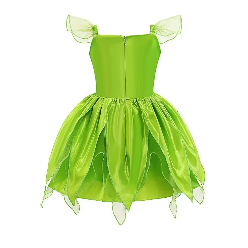 Girls Party Dresses Fairy Green Costume for Girl Tinkerbell Children Clothing Princess Elf Birthday Ball Gown Wing Dresses