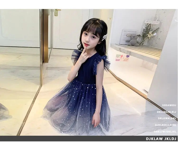 Summer Sleeveless Fashion Gauze Dress Girls Starry Sky Gradient Princess Dress New Years Children's Birthday Party Present