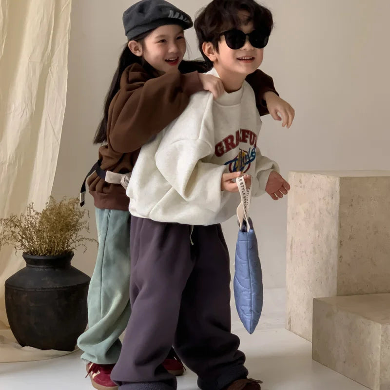 2025 Children Clothing Autumn Winter Baby Boys Girls Fleece Sweatshirt New Kids Letter Print O-Neck Tops Kids Warm Pullover