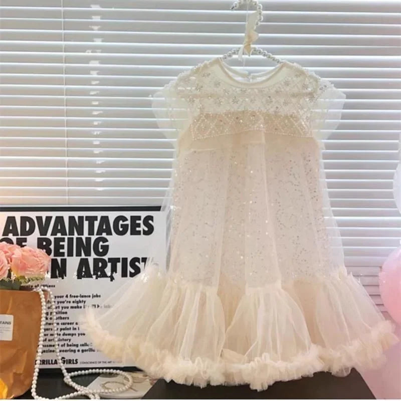 New 2024 Girls Princess Dress Casual Spring Summer Children's Wear Korean Pearl Neck Princess Dress Fashion Yarn Dress