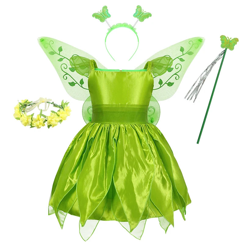 Girls Party Dresses Fairy Green Costume for Girl Tinkerbell Children Clothing Princess Elf Birthday Ball Gown Wing Dresses
