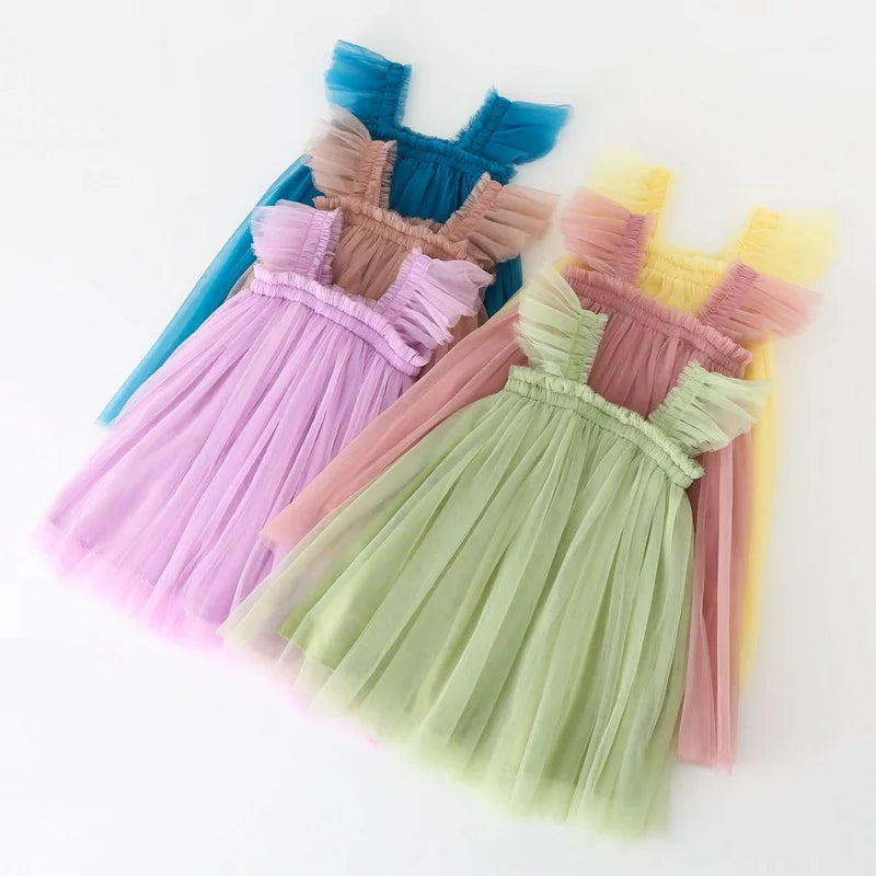 Summer Dress for Baby Girl Sling Sleeveless Square Collar Yellow Purple Pink Blue Green Mesh Princess Dress Child Clothing E2200
