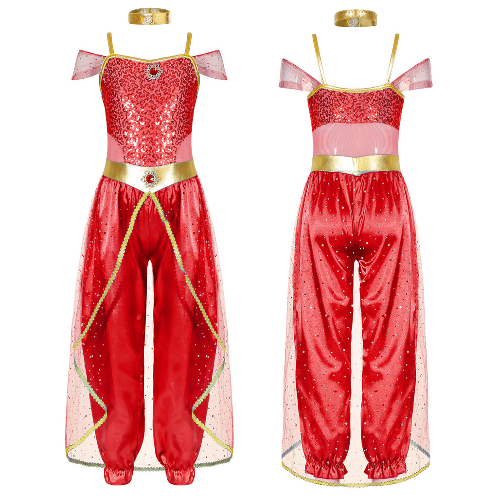 Shiny Sequin Gem Girls Halloween Jasmines Costume Kids Arabian Princess Cosplay Fancy Jumpsuit with Choker for Dance Performance