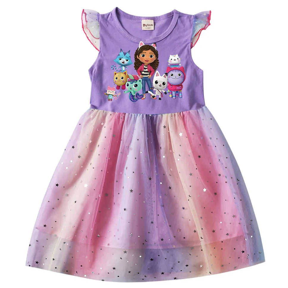 Kids Cats Princess Dress Summer Casual Girls Sequins Rainbow Mesh Dress Children Carnival Wedding Birthday Gifts Party Dress