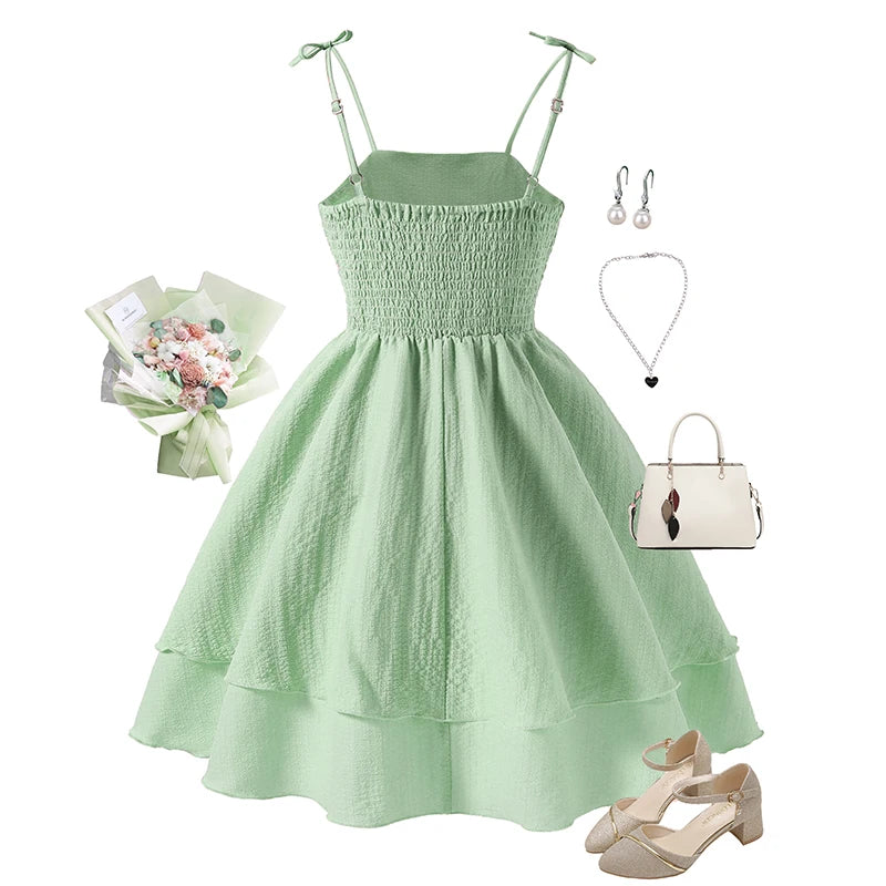 Kids Set Solid Pink Tiered Sling Princess Dress Sweet Style Tween Girls Dress Birthday Party Dating Clothes