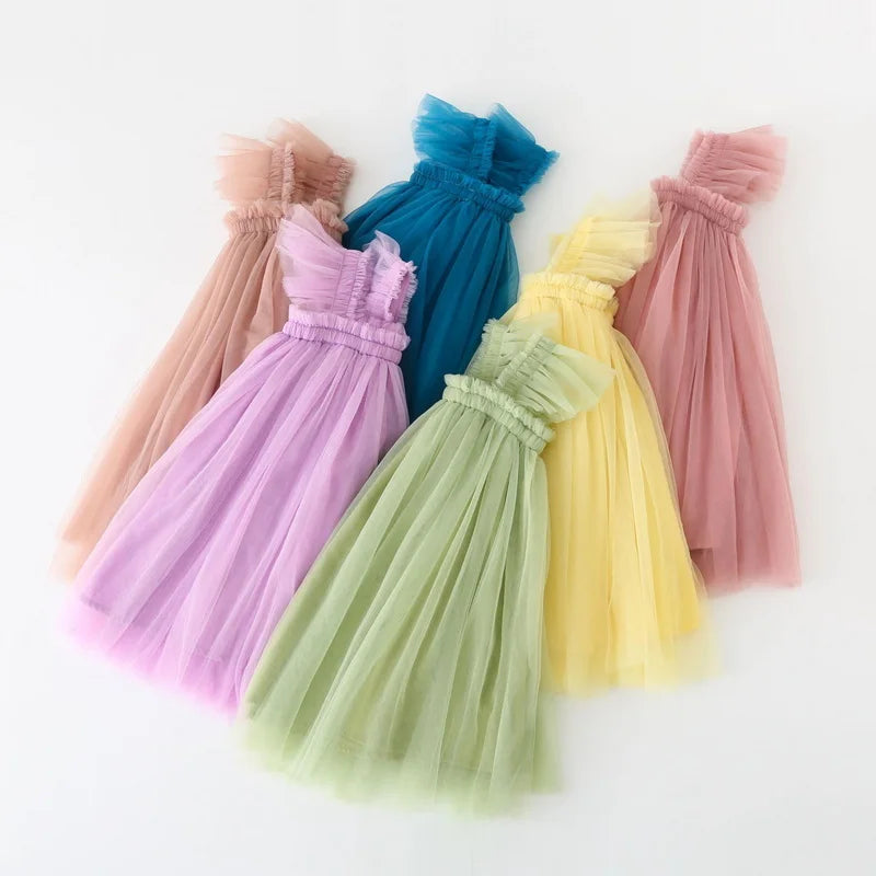 Summer Dress for Baby Girl Sling Sleeveless Square Collar Yellow Purple Pink Blue Green Mesh Princess Dress Child Clothing E2200