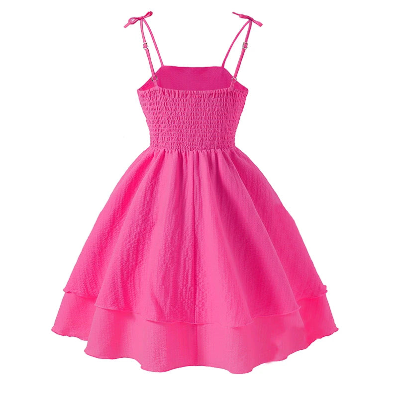 Kids Set Solid Pink Tiered Sling Princess Dress Sweet Style Tween Girls Dress Birthday Party Dating Clothes
