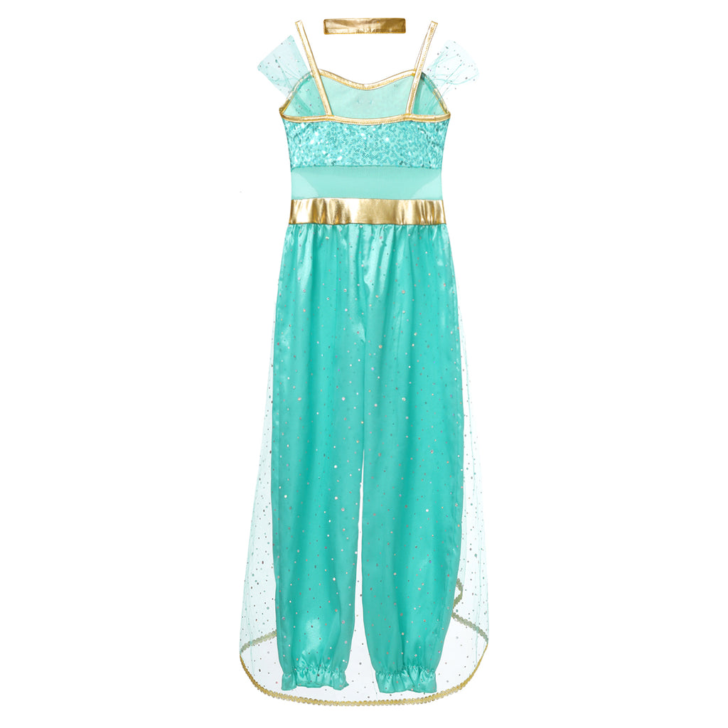 Shiny Sequin Gem Girls Halloween Jasmines Costume Kids Arabian Princess Cosplay Fancy Jumpsuit with Choker for Dance Performance