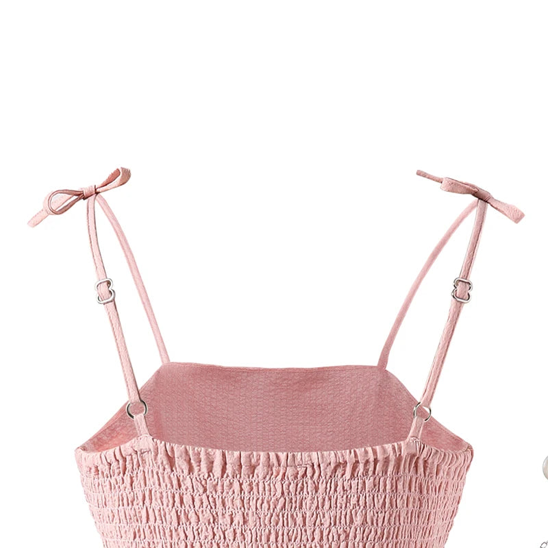 Kids Set Solid Pink Tiered Sling Princess Dress Sweet Style Tween Girls Dress Birthday Party Dating Clothes