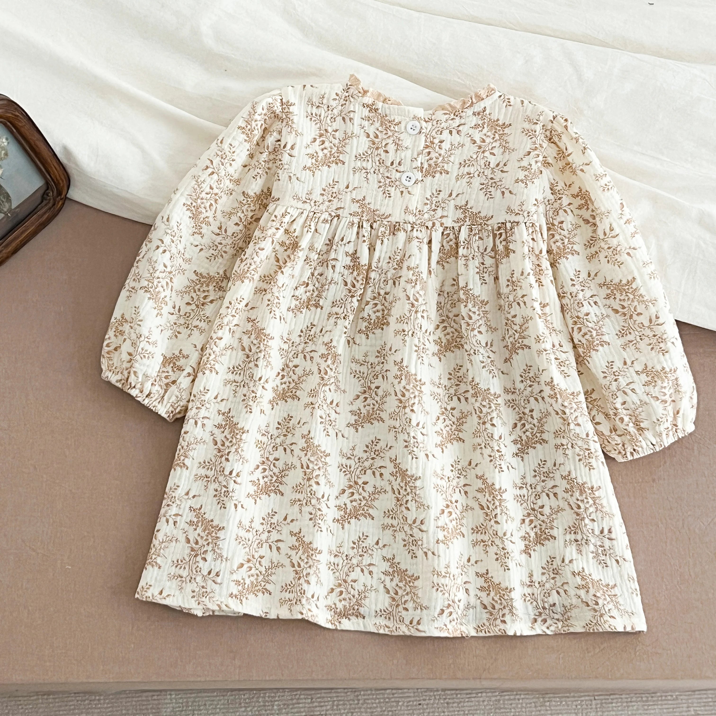 1-6Yrs Girls' Dress Floral Print Lace Girls' Cotton Dress 2025 Autumn New Flower Long Sleeved Sweet Children's Princess Dress