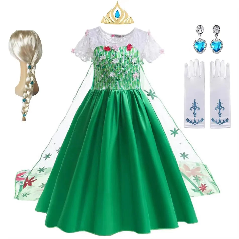 Elsa Costume for Girls Green Fancy Birthday Party Gown Kids Cosplay Princess Dress Carnival Party Children Dresses