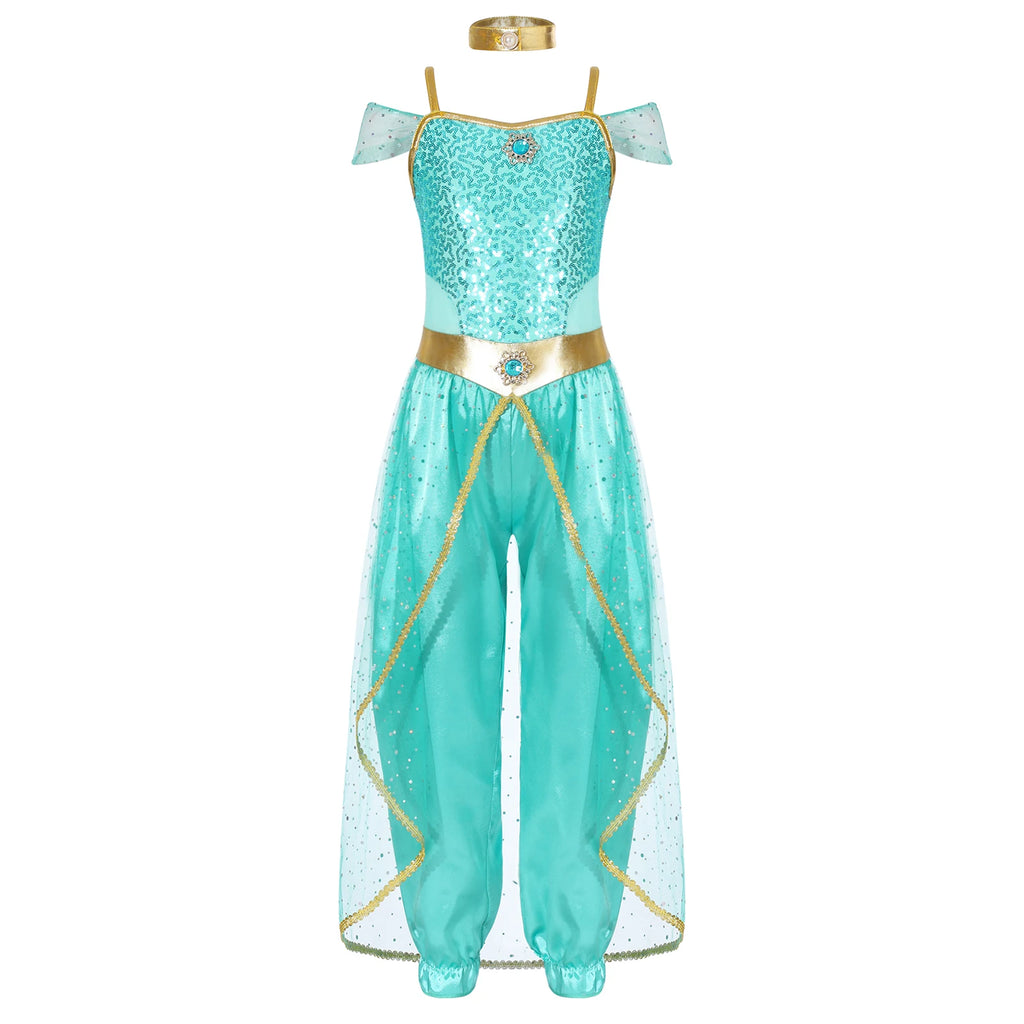 Shiny Sequin Gem Girls Halloween Jasmines Costume Kids Arabian Princess Cosplay Fancy Jumpsuit with Choker for Dance Performance