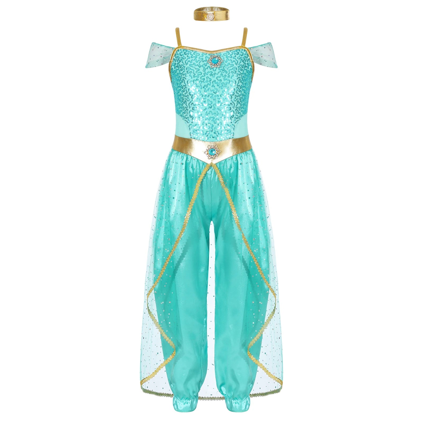 Shiny Sequin Gem Girls Halloween Jasmines Costume Kids Arabian Princess Cosplay Fancy Jumpsuit with Choker for Dance Performance