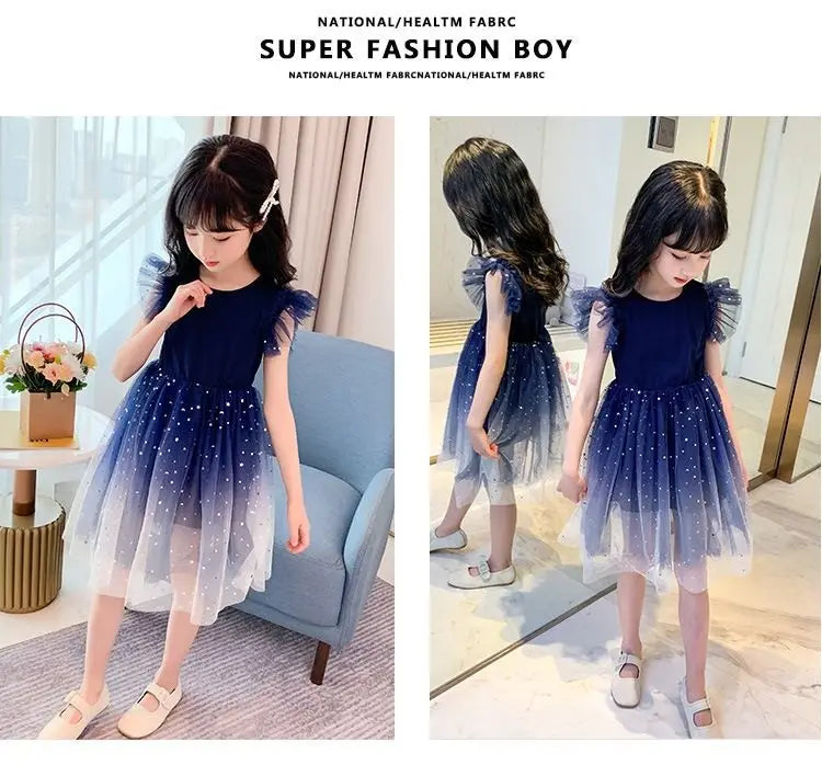 Summer Sleeveless Fashion Gauze Dress Girls Starry Sky Gradient Princess Dress New Years Children's Birthday Party Present