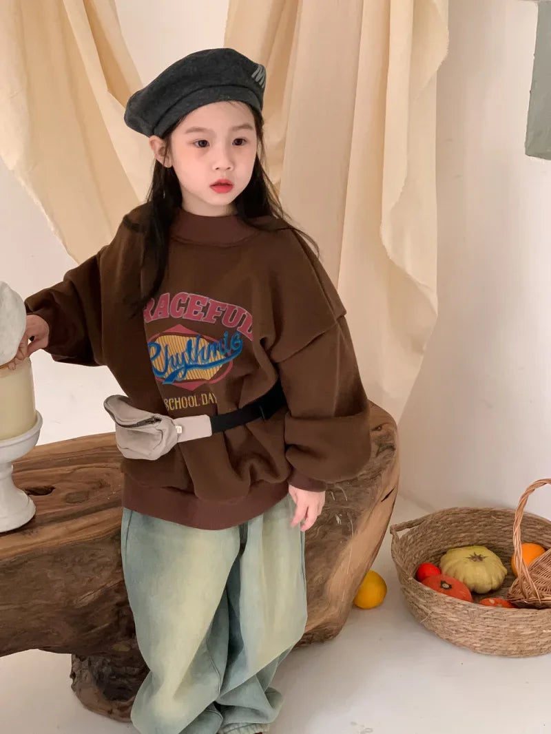 2025 Children Clothing Autumn Winter Baby Boys Girls Fleece Sweatshirt New Kids Letter Print O-Neck Tops Kids Warm Pullover