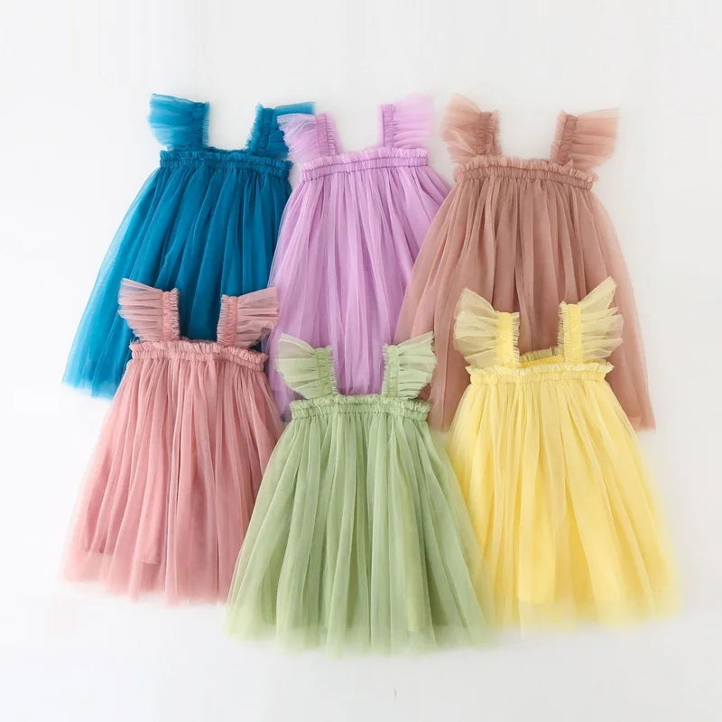 Summer Dress for Baby Girl Sling Sleeveless Square Collar Yellow Purple Pink Blue Green Mesh Princess Dress Child Clothing E2200