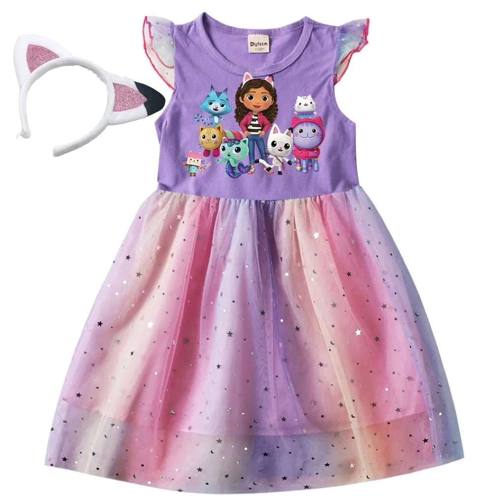 Kids Cats Princess Dress Summer Casual Girls Sequins Rainbow Mesh Dress Children Carnival Wedding Birthday Gifts Party Dress
